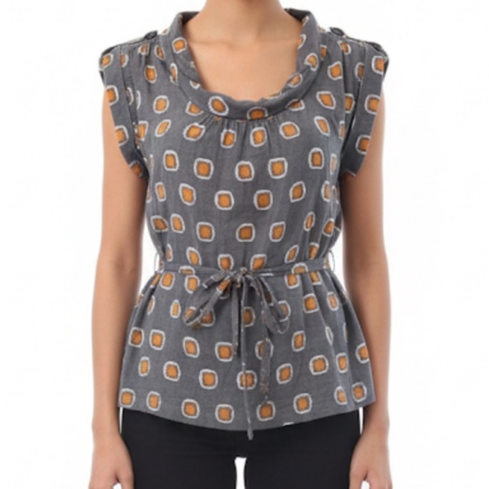 Fossil Vtg Retro Cotton Bagru Print Short Sleeve Blouse Top with Pockets & Tie S